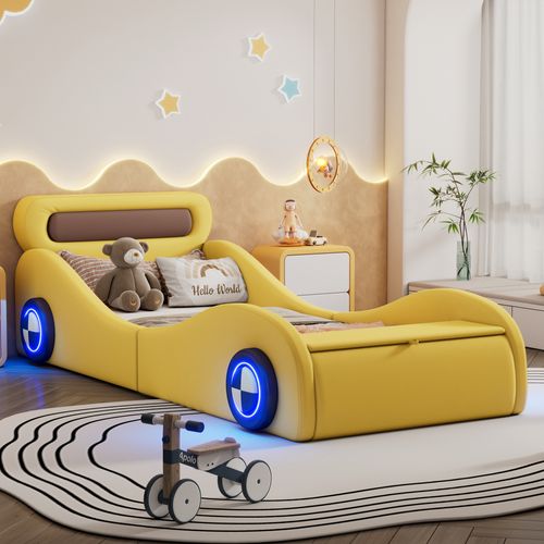 Lit Enfant 90x200 Cm - Lit Voiture Avec Rangements - Roues LED - Simili + Mdf - Jaune