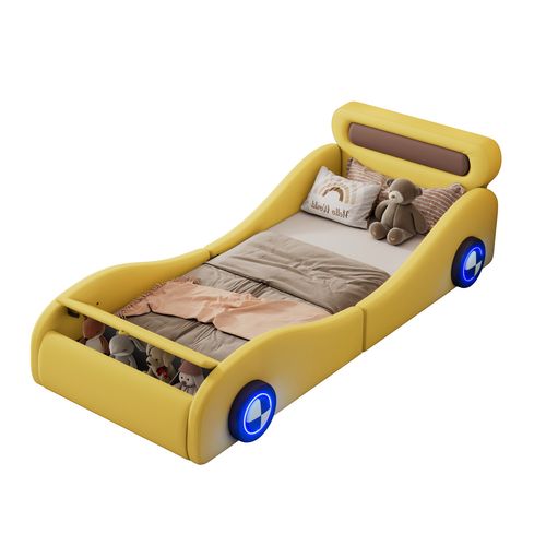 Lit Enfant 90x200 Cm - Lit Voiture Avec Rangements - Roues LED - Simili + Mdf - Jaune
