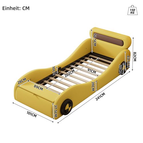 Lit Enfant 90x200 Cm - Lit Voiture Avec Rangements - Roues LED - Simili + Mdf - Jaune