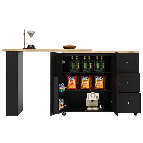 Meuble Bar Pivotant 360° - 3 Tiroirs - Support Snacks - Table Bar Extensible - Mdf - Noir