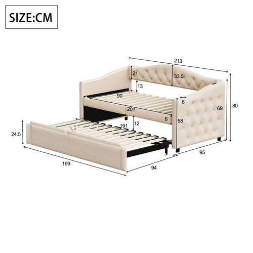 Lit Gigogne 90x200 Cm + Lit Tiroir - USB - Sommier Lattes - Capitonné Boutons - Lin - Beige