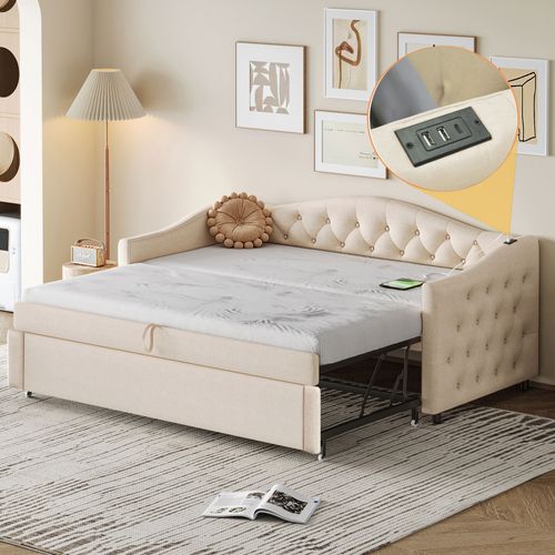 Lit Gigogne 90x200 Cm + Lit Tiroir - USB - Sommier Lattes - Capitonné Boutons - Lin - Beige