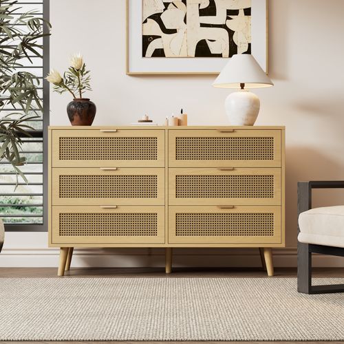 Commode 6 Tiroirs Avec Poignées Métal - Meuble De Rangement Pour Chambre Ou Salon - Bois - Noyer