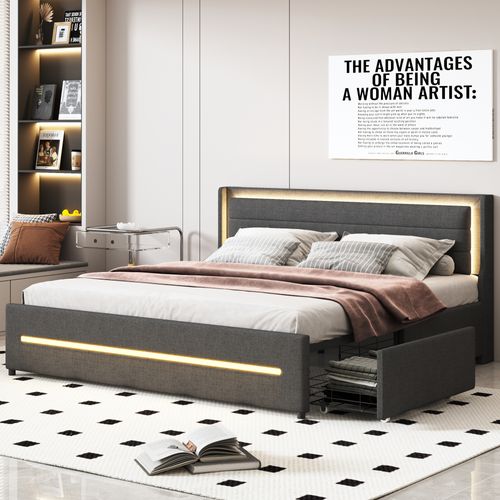 Lit Double 180x200 Cm - LED Changeant - 4 Tiroirs De Rangement - Lin - Gris