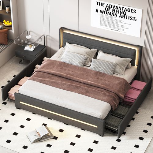 Lit Double 180x200 Cm - LED Changeant - 4 Tiroirs De Rangement - Lin - Gris
