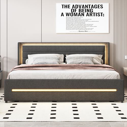 Lit Double 180x200 Cm - LED Changeant - 4 Tiroirs De Rangement - Lin - Gris