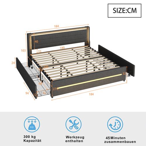 Lit Double 180x200 Cm - LED Changeant - 4 Tiroirs De Rangement - Lin - Gris