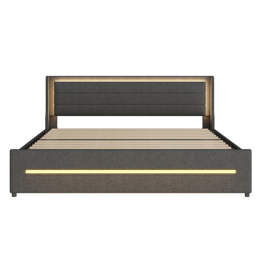 Lit Double 180x200 Cm - LED Changeant - 4 Tiroirs De Rangement - Lin - Gris