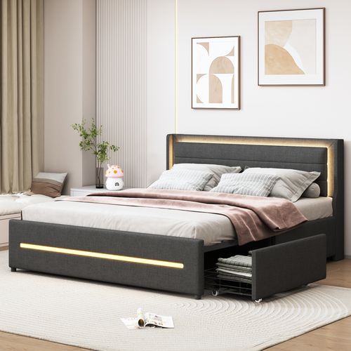 Lit Double 160x200 Cm - LED Changeant - 4 Tiroirs De Rangement - Lin - Gris