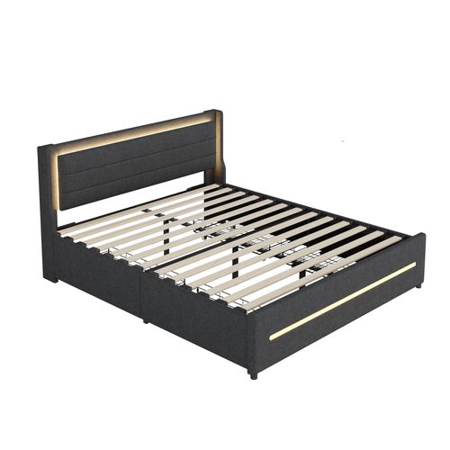 Lit Double 160x200 Cm - LED Changeant - 4 Tiroirs De Rangement - Lin - Gris