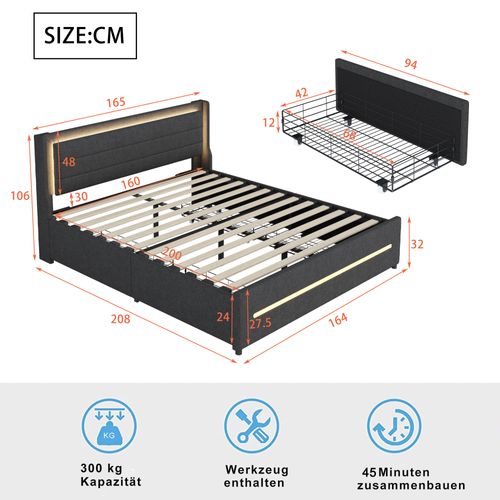 Lit Double 160x200 Cm - LED Changeant - 4 Tiroirs De Rangement - Lin - Gris