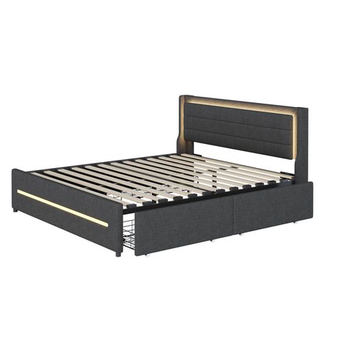 Lit Double 160x200 Cm - LED Changeant - 4 Tiroirs De Rangement - Lin - Gris