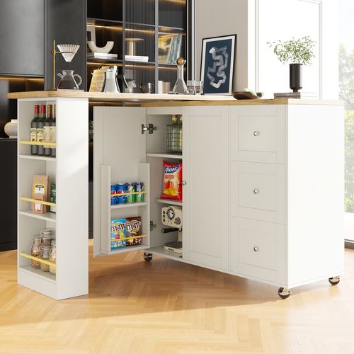 Meuble Bar Pivotant Extensible - 3 Tiroirs - Support Snacks - Table Haute Moderne - Mdf - Blanc