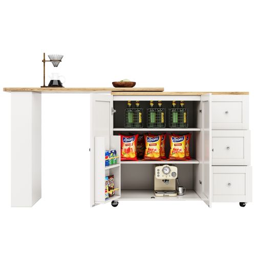 Meuble Bar Pivotant Extensible - 3 Tiroirs - Support Snacks - Table Haute Moderne - Mdf - Blanc