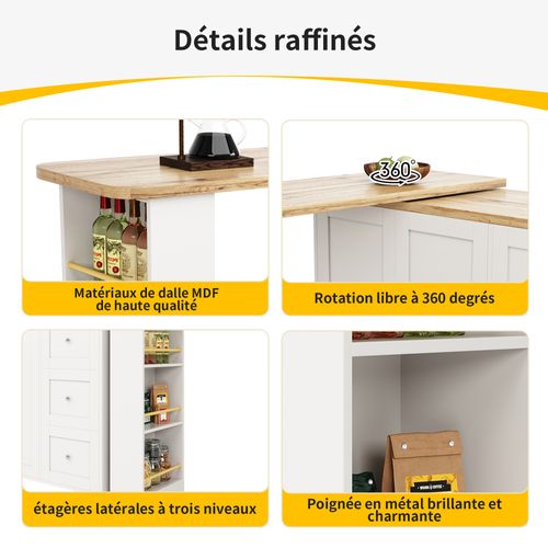 Meuble Bar Pivotant Extensible - 3 Tiroirs - Support Snacks - Table Haute Moderne - Mdf - Blanc