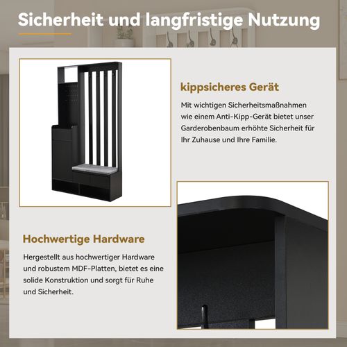 Portemanteau Moderne - Banc Et Rangement - Meuble D’entrée Avec 4 Patères - Panneau Mural - Noir