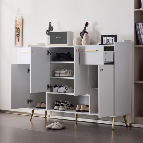 Meuble à Chaussures - 2 Tiroirs - 4 Portes - Design Moderne - Pieds Métal - Mdf - Blanc