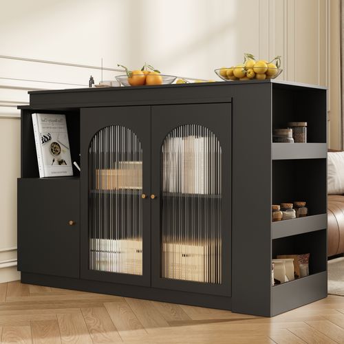 Meuble Bar Pivotant 360° - Vitrine Verre Cannelé - Table Haute Moderne Cuisine Salon - Mdf - Noir