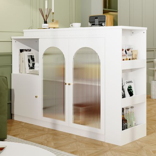 Meuble Bar Pivotant 360° - Vitrine Verre Cannelé - Table Bar Moderne Cuisine Salon - Mdf - Blanc