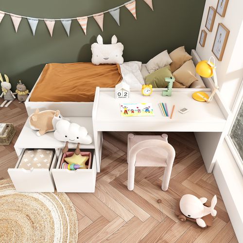 Lit Enfant 90x200 - Lit Simple Avec Bureau Intégré - Tiroirs Pratiques - Pin Et Mdf - Blanc
