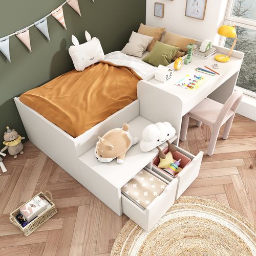 Lit Enfant 90x200 - Lit Simple Avec Bureau Intégré - Tiroirs Pratiques - Pin Et Mdf - Blanc
