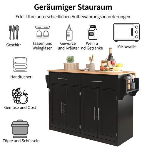 Îlot De Cuisine - Plan Chêne - Pieds Interchangeables - 2 Tiroirs - Meuble Mobile - Noir