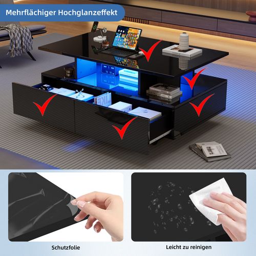 Table Basse Moderne Avec LED Intégrée Et 2 Tiroirs, Panneau De Particules Haute Brillance, Noir