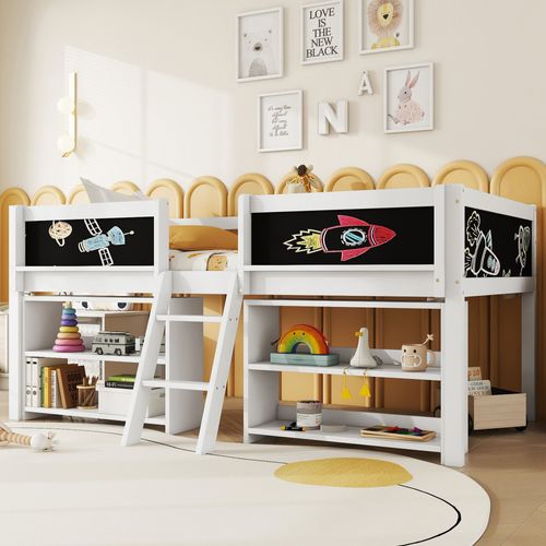 Lit Mezzanine 90x200 Cm - Mi-hauteur - Avec Protection Et Rangement - Échelle Intégrée -mdf - Blanc