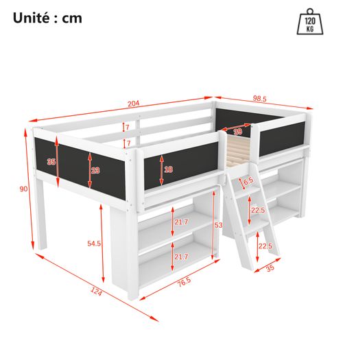 Lit Mezzanine 90x200 Cm - Mi-hauteur - Avec Protection Et Rangement - Échelle Intégrée -mdf - Blanc