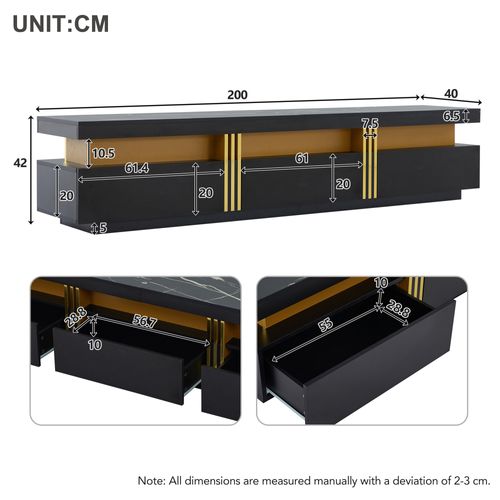 Meuble TV Moderne Effet Marbre Avec 3 Tiroirs Et Rangement Câbles, Panneau De Particules Noir