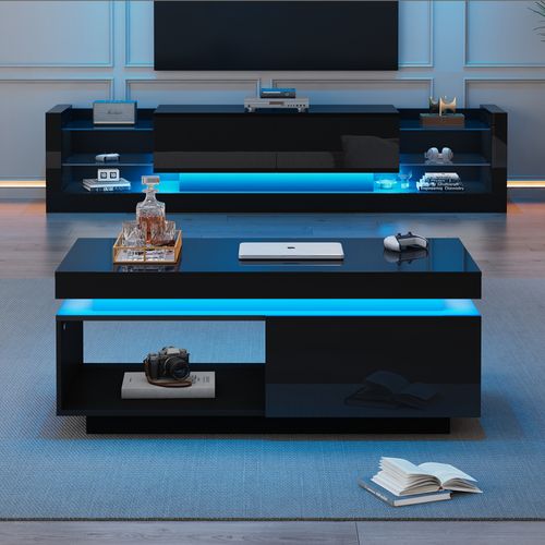 Ensemble TV + Table Basse - Design Moderne LED - 1 Tiroir - Finition Noir Brillant