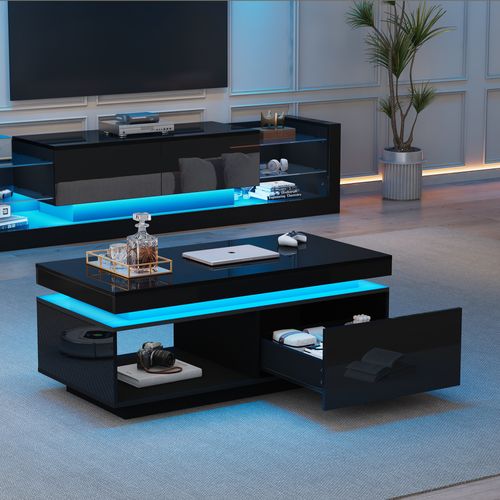 Ensemble TV + Table Basse - Design Moderne LED - 1 Tiroir - Finition Noir Brillant