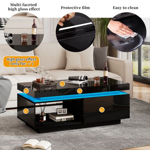 Ensemble TV + Table Basse - Design Moderne LED - 1 Tiroir - Finition Noir Brillant