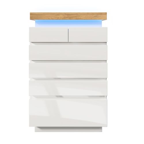 Commode Buffet Avec 6 Tiroirs Et Éclairage LED App - Meuble De Salon Fonctionnel - Mdf - Blanc