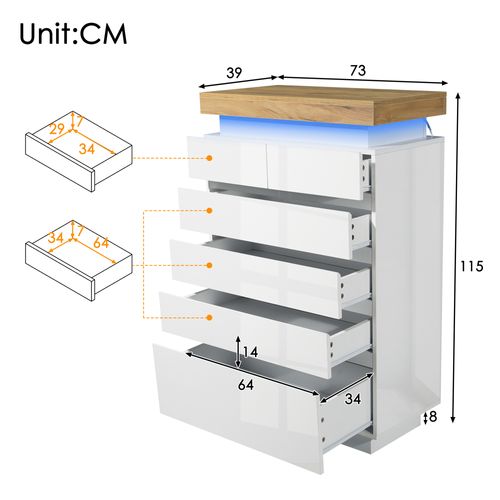 Commode Buffet Avec 6 Tiroirs Et Éclairage LED App - Meuble De Salon Fonctionnel - Mdf - Blanc