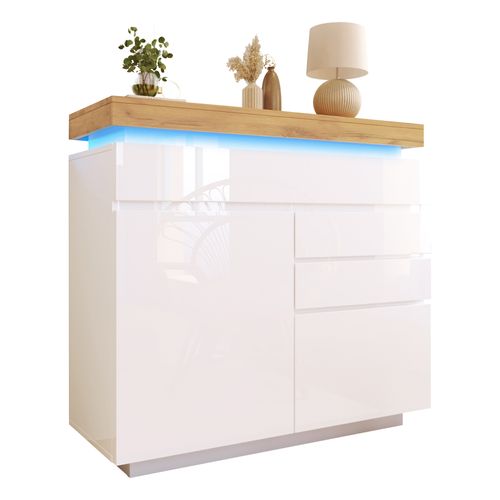 Commode Buffet Avec LED Intégrée -2 Portes - 3 Tiroirs - Rangement Pratique Pour Salon - Mdf - Blanc