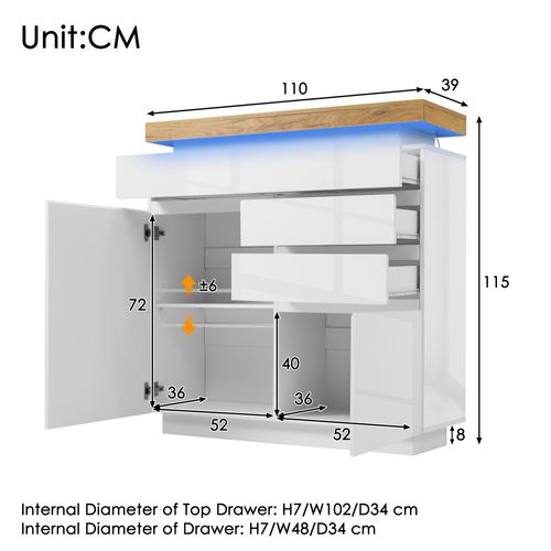 Commode Buffet Avec LED Intégrée -2 Portes - 3 Tiroirs - Rangement Pratique Pour Salon - Mdf - Blanc