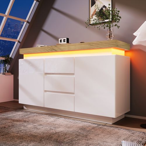 Commode - Meuble De Rangement Salon - 2 Portes - 3 Tiroirs - LED App Contrôlable - Mdf - Blanc