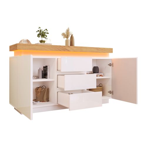 Commode - Meuble De Rangement Salon - 2 Portes - 3 Tiroirs - LED App Contrôlable - Mdf - Blanc