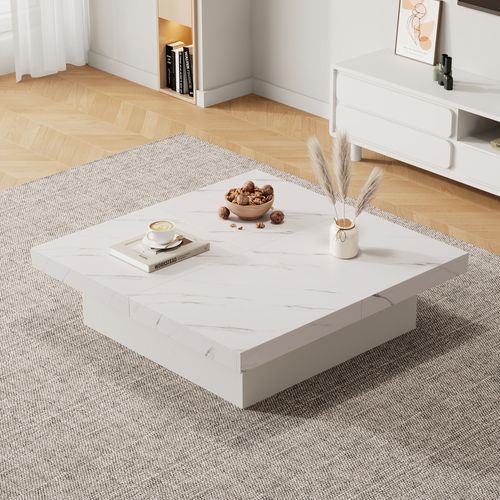 Table Basse Carrée Avec 4 Tiroirs Et Plateau Coulissant, Effet Marbre, Blanc, 90×90×25 Cm
