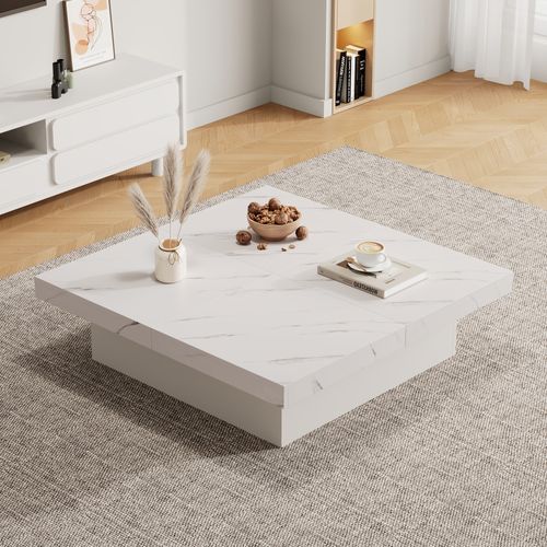 Table Basse Carrée Avec 4 Tiroirs Et Plateau Coulissant, Effet Marbre, Blanc, 90×90×25 Cm