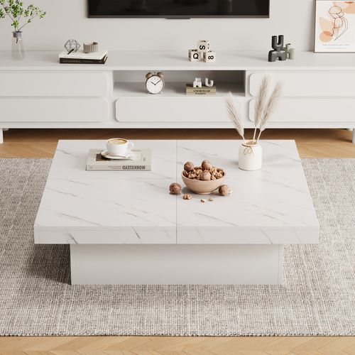 Table Basse Carrée Avec 4 Tiroirs Et Plateau Coulissant, Effet Marbre, Blanc, 90×90×25 Cm