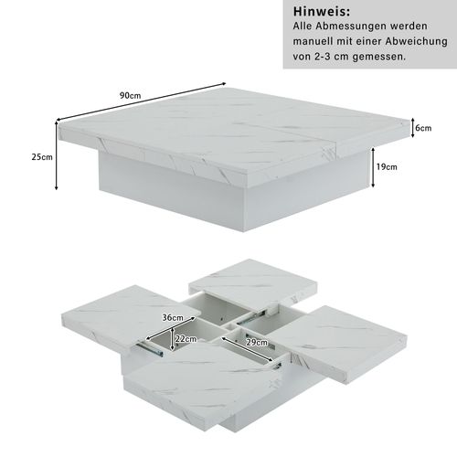 Table Basse Carrée Avec 4 Tiroirs Et Plateau Coulissant, Effet Marbre, Blanc, 90×90×25 Cm