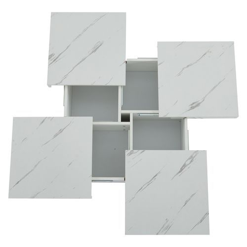 Table Basse Carrée Avec 4 Tiroirs Et Plateau Coulissant, Effet Marbre, Blanc, 90×90×25 Cm
