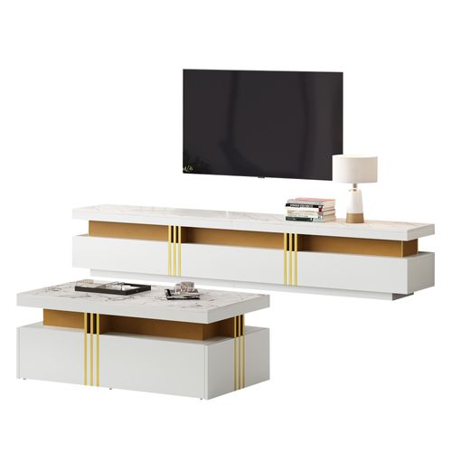 Ensemble Meuble TV - Meuble TV Et Table Basse Assortie - 3 Tiroirs Et 2 Tiroirs - Moderne - Blanc