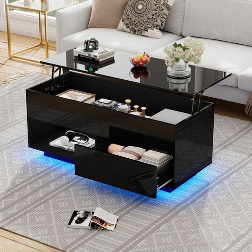 Table Basse Relevable - Tiroir Et Éclairage LED - Meuble Contemporain Haute Brillance - Noir