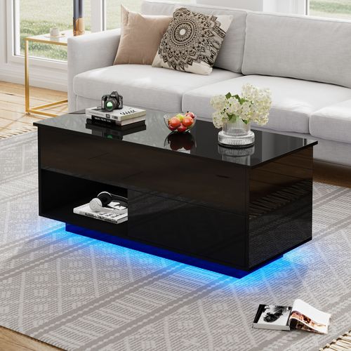 Table Basse Relevable - Tiroir Et Éclairage LED - Meuble Contemporain Haute Brillance - Noir