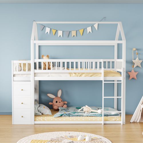 Lit Superposé 90x200 Cm - Cabane Enfant - Rangement - Protection - Combiné Bois Avec Échelle - Blanc