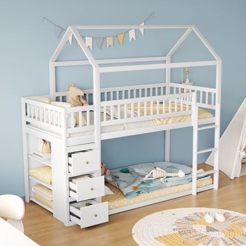 Lit Superposé 90x200 Cm - Cabane Enfant - Rangement - Protection - Combiné Bois Avec Échelle - Blanc