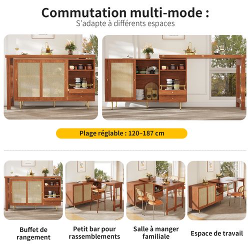 Table Bar - Extensible - Rotatif 360° - Rangement - Portes Rotin - Table Haute Cuisine - Mdf- Brun